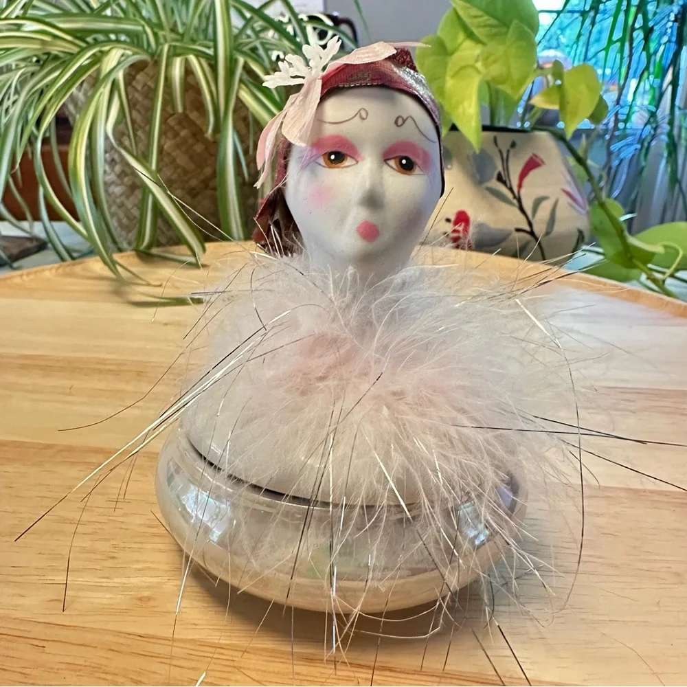 80s Porcelain Trinket Box with Iridescent Base & Bust Lid Hand-Painted Details